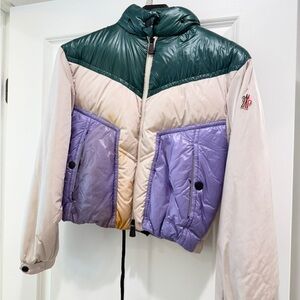 Moncler Colorblock Puff Jacket in Dark Green, Lilac & Cream